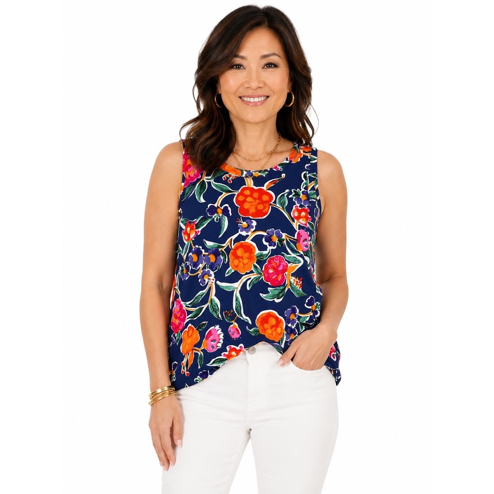Vince Camuto Blue Floral Sleeveless Keyhole Back Tank Top Liquid Knit S Tropical